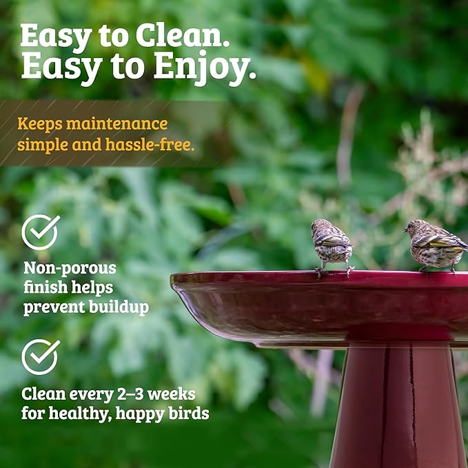 Birds Choice Ohio Stoneware Bird Bath | Pedestal Bird Bath, Stable Locking Top | Weather-Resistant Ceramic Clay, Glazed Finish | Outdoor Garden & Patio Decor | 22" H x 17" D, Summer Green