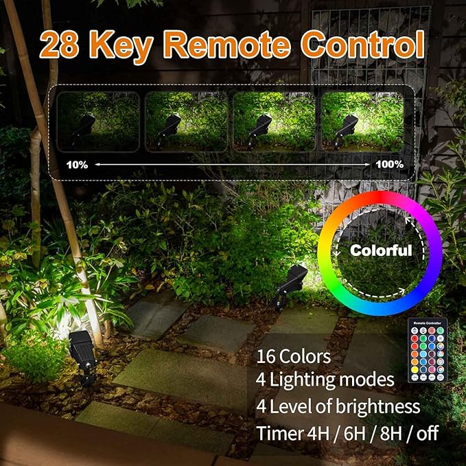 24W Outdoor RGB SpotLights with Timer, IP65 Waterproof Metal Landscape Lights Remote Colored Spot Lights Outdoor RGB Color Changing Spotlight for Outdoor Yard Garden Lawn(6 Lights), Black