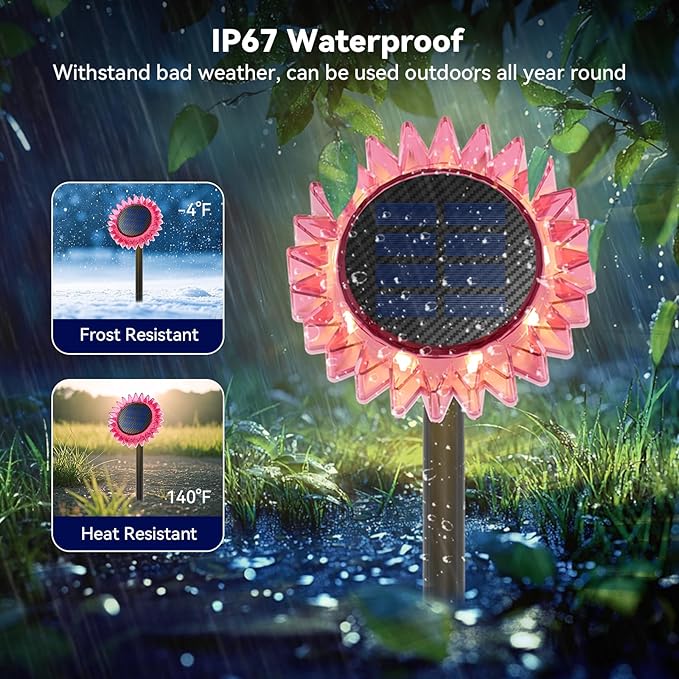 Hogni 6PK Solar Garden Lights, Ground Stake/Hang 2 in 1 Solar Sunflowers Outdoor Waterproof IP67, Outdoor Decor for Pathway Walkway Landscape Backyard Fence Decoration