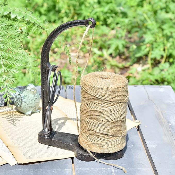 Sungmor Cast Iron Garden Twine Holder Set - 1300ft. Natural Jute Twine String & Rope Rack & Scissors - Decorative & Practical Home Arts Crafts Tools for Picture Display Gift Wrapping Packing Gardening
