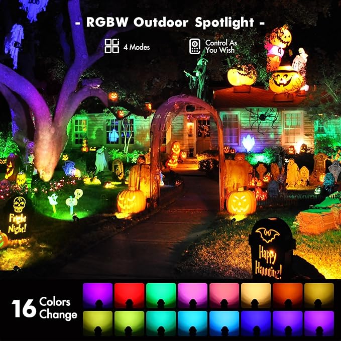 LemonBest Landscape Lighting - 6W RGB Color Changing Halloween Landscape Lights 120V Christmas Outdoor LED Spotlight with Remote Control Waterproof Spot Lights for Yard Garden Patio Driveway (4 Pack)