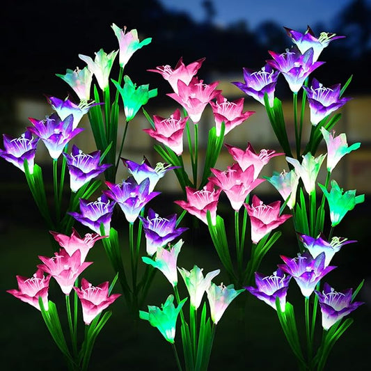 WdtPro Solar Outdoor Lights Garden Decorative 10 Pack, Waterproof Solar Garden Lights with 40 Lily Flowers, Multi-Color Changing Outdoor Solar Lights for Yard Outside Garden Decorations