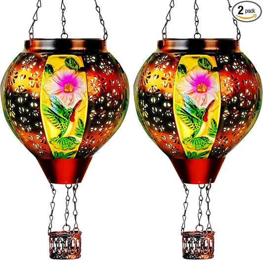 2 Pcs Hummingbird Solar Hot Air Balloon Lantern with Flame, Hot Air Balloon Decorations for Yard Porch Decor, Glass Large Hanging Outdoor Decor, Solar Lantern Waterproof, Hummingbird Gardening Gifts