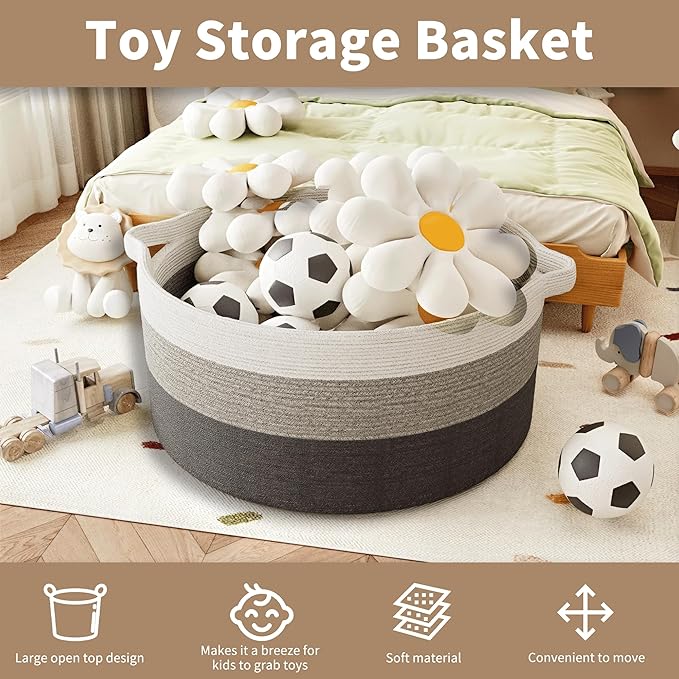 125L Extra Large Blanket Basket, 25" x 16", Jumbo Laundry Woven Baskets Decorative Home, Cotton Rope Basket with Handles, Baby Toy Baskets for Storage, Gradual Gray, 2PC