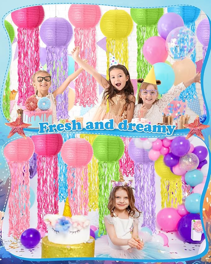 18 Pcs Jellyfish Paper Lanterns Mermaid Birthday Decorations Hanging Lantern Lamps for Ocean Theme Decor Under The Sea Party Supplies