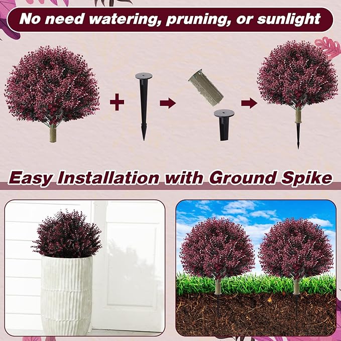 Yunlly 4 Pcs 18 Inch Artificial Boxwood Ball Topiary Tree Fake Outdoor Plants Bush, UV Resistance Faux Shrub with Spike Realistic Greenery Potted for Indoor Garden Yard Porch Patio Decor (Dark Purple)