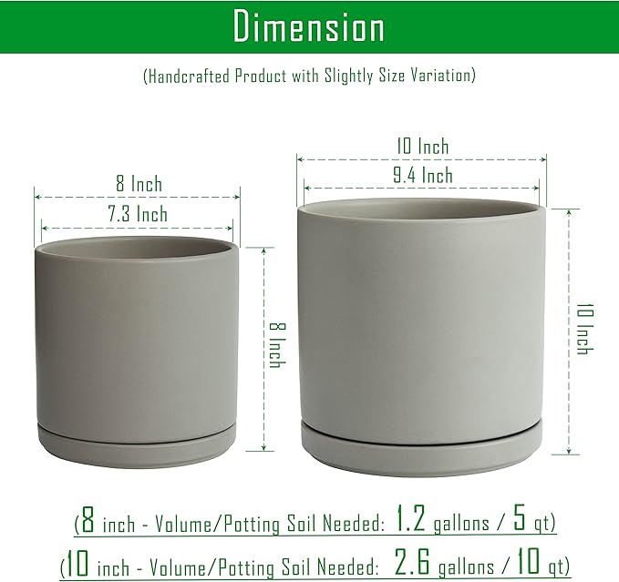 D'vine Dev 8 Inch & 10 Inch Ceramic Planter Pot for Plants with Drainage Hole and Saucer, Large Plant Pots Set, Grey, 94-G-L-3