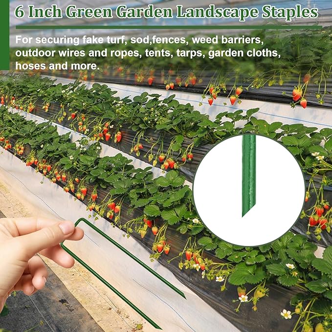 6 Inch Garden Stakes Galvanized Landscape Staples Green U-Type Turf Staples for Artificial Grass Rust Proof Sod Pins Stakes for Securing Yard Fences Weed Barrier Outdoor Wire Cords Tents Tarps 100 Pcs