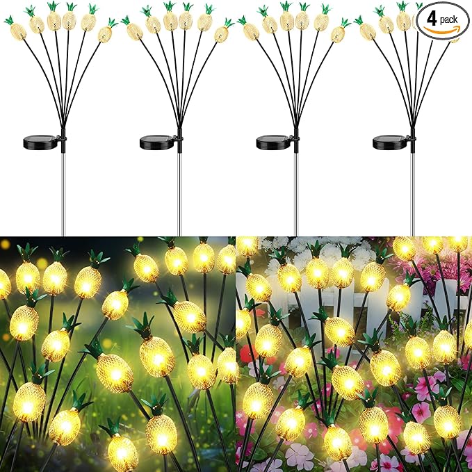4 Pack Pineapple Patio Solar Lights Waterproof Solar Energy Powered Swaying Stake Lights Summer Outdoor Garden Yard Landscape Tropical Decor