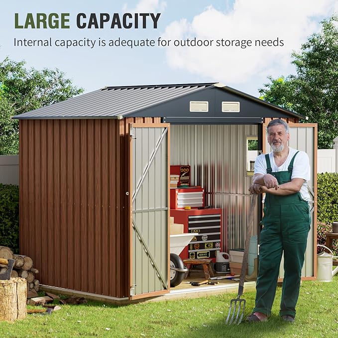 8x6 Ft Storage Shed, Large Outdoor Shed with Floor Base, Window, Lockable Doors, Outside Steel Shed for Garden, Backyard, Lawn, Patio Utility, Tool Storage