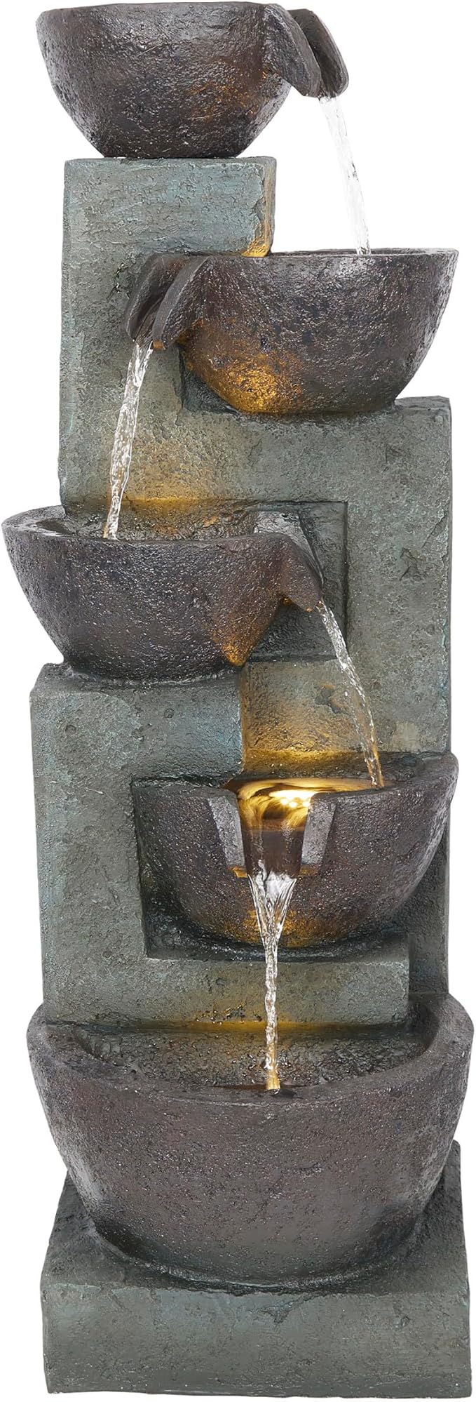Alpine Corporation TZL390 Elegant Outdoor 5 Tier Bowls Waterfall Fountain with LED Lights for Garden, Patio, Yard, and Outdoor Spaces, Relaxing Cascading Fountain, 39" H, Gray