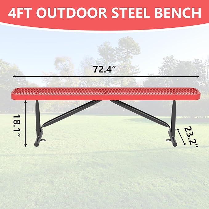48" L Outdoor Steel Flat Bench, Heavy Duty Metal Park Bench for Outside, Expanded Metal, Commercial Benches Mesh Bench for Shopping Mall, Store, Lawn, Park, Patio, Deck, Garden (Red, 6FT)