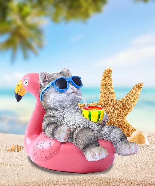 Cat Lying Flamingo Solar Statue: Outdoor Sculptures Clearance for Lawn Porch Patio Balcony Yard - Gifts for Mom Women