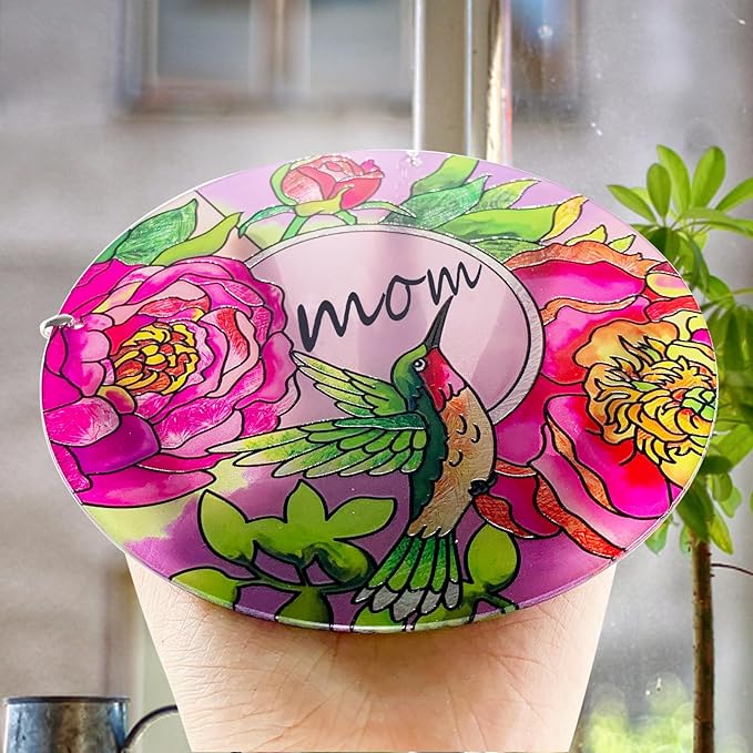 Hummingbird Gifts for Mom, Stained Glass Bird Window Hangings, Sun Catcher Ornament Hanging for Windows, Hummingbird Suncatcher for Women, Mother's Day Birthday Christmas (Suction Cup, 6in)