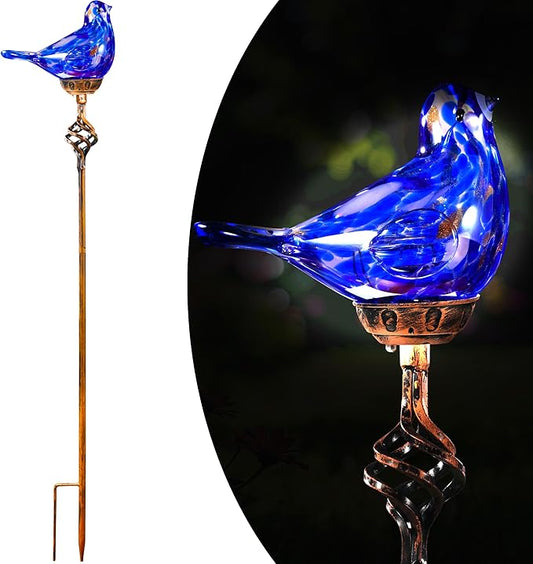 Decorative Solar Lights, Outdoor Solar Bird Stake Lights, Hand Blown Glass Decorative Garden Pathway Lights Outdoor Waterproof Glass Stakes (Dark Blue)