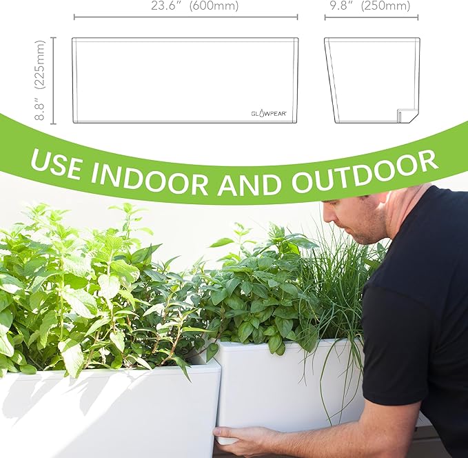 Glowpear Self Watering Railing Planter Box - 23.6", White - UV Stable, Scalable Plant Pot with Water Gauge, Indoor Outdoor for Vegetables, Flowers, Herbs, and Succulents
