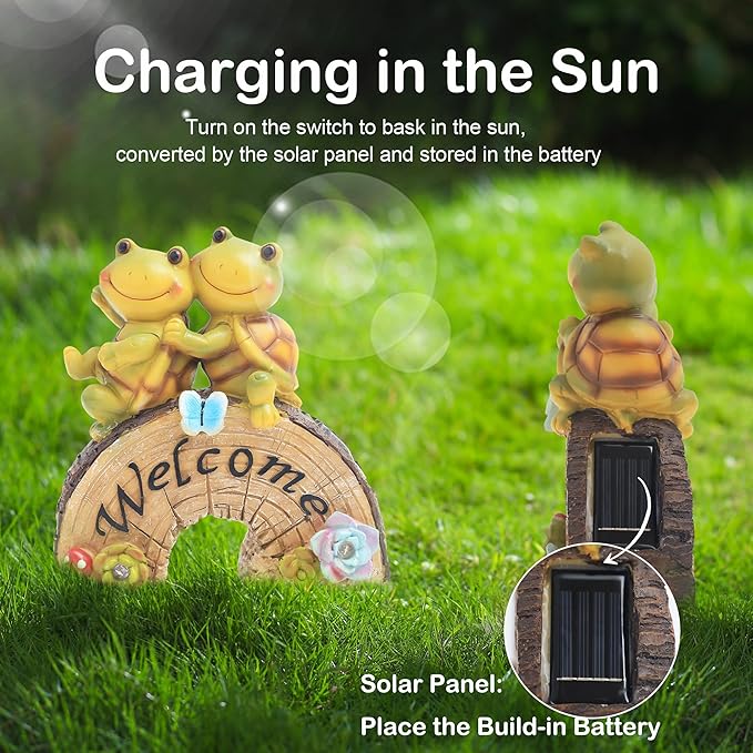 Attivolife Garden Statue Turtle Welcome Decor, Outdoor Solar Light Cute Succulent Frog Face Figurines LED, Patio Lawn Porch Yard Balcony Decor, Unique Housewarming Birthday Gift for Mom Women