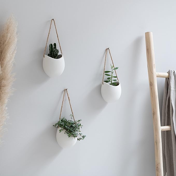 Wall Planters -Ellie- | Hanging Ceramic Plant Pots 3 Pieces | Wall Decoration for Indoors, Balcony and Garden | White (Matte)