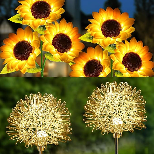 2 Pack Sunflower Garden Lights + 2 Pack Aluminum Ball Garden Lights