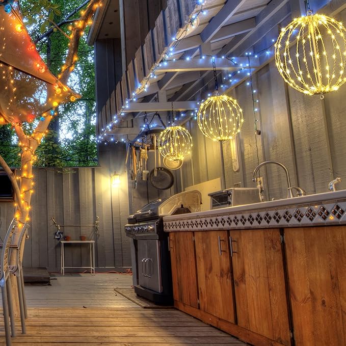 Christmas Ball Light Sphere, 16IN 128LED Hanging Tree Light and Pathway Lights with Hook and Stake, Foldable Metal Frame Light Ball for Outdoor Garden, UL Listed, White Frame, Warm White