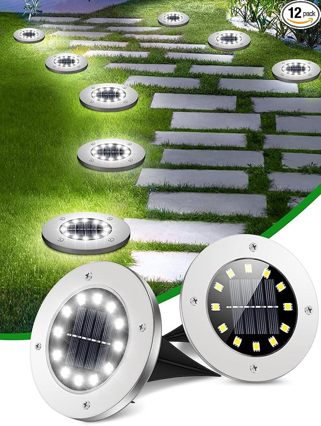 Coroor Solar Ground Lights, 12 LED Waterproof Garden Disk Lights for Outdoor Pathway, Yard, Lawn, Patio, Walkway, Pool (12 Packs White)