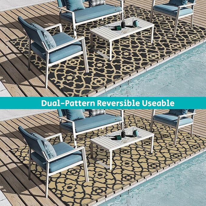 HEBE Outdoor Rug Waterproof 8x10, Reversible Plastic Straw Rug RV Camping Rug, Indoor Outdoor Patio Mat Clearance, Outside Carpet for Porch,Deck,Camper,Balcony,Backyard,Picnic