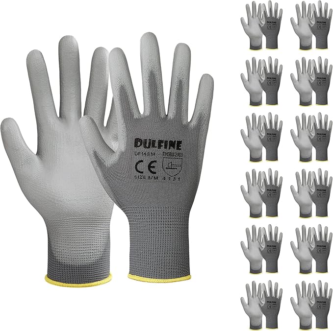 DULFINE Safety Work Gloves PU Coated-12 Pairs,Grey Seamless Knit Glove with Polyurethane Coated Smooth Grip on Palm & Fingers, for Men and Women, Ideal for General Duty Work (Medium)