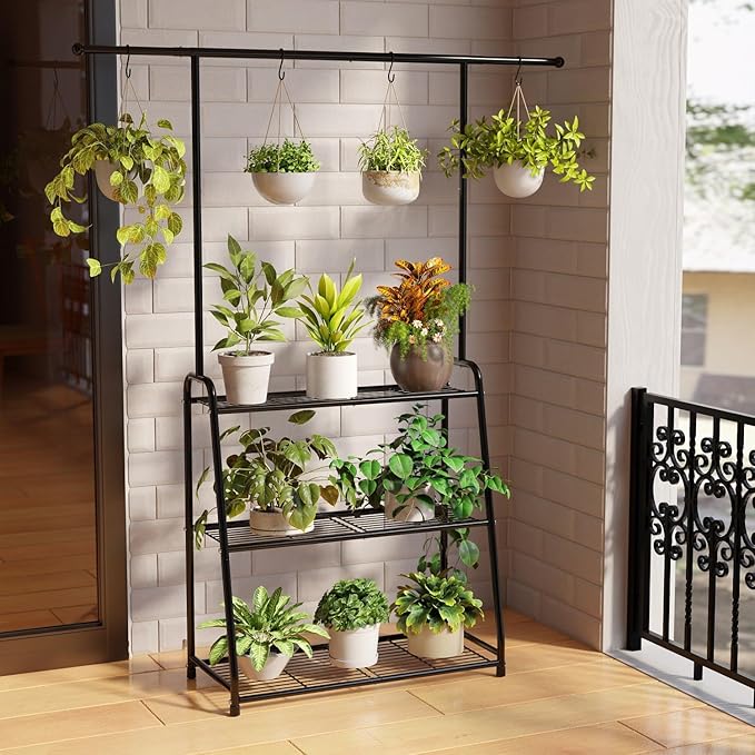 3-Tier Heavy-Duty Metal Plant Stand for Indoor and Outdoor Use, Hanging Plant Shelf for Multiple Flower Planter Holder, Tall Large Rack Ideal for Living Room, Garden, Balcony, Black