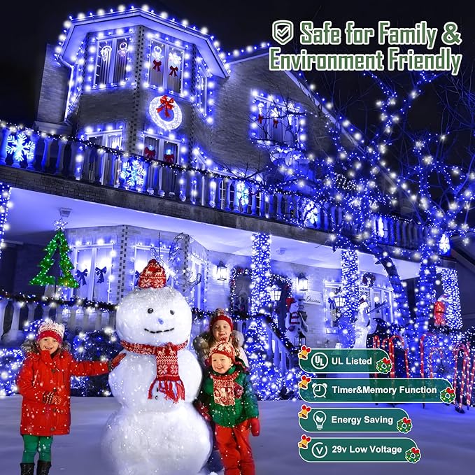 Heceltt 1140 LED 449 FT String Lights Outdoor, 8 Modes Christmas Lights, Waterproof LED String Lights with Timer and Memory Fairy Light Plug in for Wedding Home Party Tree Decorations (Blue and White)