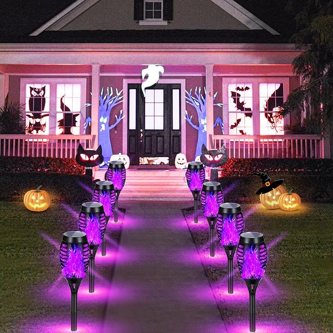 8 Pack Solar Torch Lights Outdoor Waterproof - Purple Flickering Flame, Outdoor Solar Garden Lights for Yard, Tiki Torches for Outside Patio Pathway Decorations