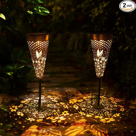 DIBIEECN 2 Pack Hummingbird Solar Pathway Lights Outdoor,Metal Garden Decorations Outdoor Lights with Patterns and Warm Light,Waterproof Landscape Lighting for Path Patio Backyard Walkway Yard