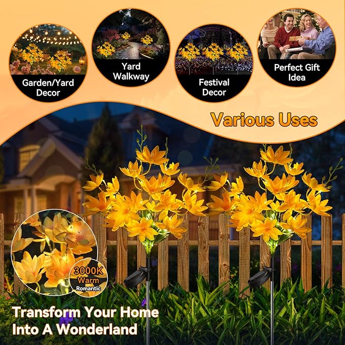 Neporal Solar Flowers Outdoor Waterproof IP65, 5-Head Snow Lotus with 20+ Flowers, Warm LED Light & 2 Lighting Modes, Decorative Solar Lights Outdoor Garden, Yard, Pathway, Flower Bed (2-Pack, Yellow)