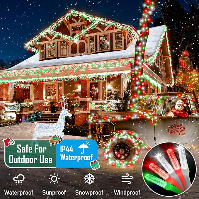 Heceltt 1140 LED 449 FT String Lights Outdoor, 8 Modes Christmas Lights Plug in, IP44 Waterproof Led String Lights with Timer and Memory for Home Party Tree Decorations (Red Green and White)