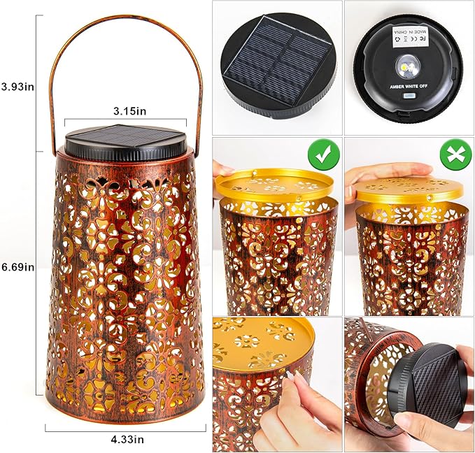 Solar Lanterns Outdoor Waterproof - 4 Pack Hanging Solar Lights Gifts for Women Mom Grandma Decorative Lantern for Patio Decor Garden Yard Backyard Porch Table Tree Lighting, Cool/Warm Light