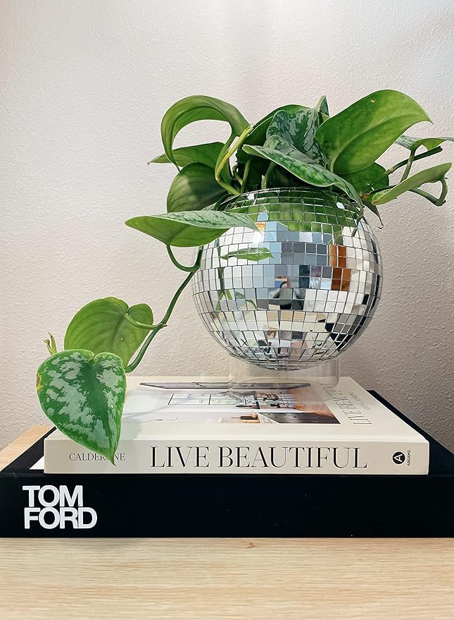 Hanging Disco Ball Planter 8" - with Acrylic Stand and Macrame Plant Hanger - Home Décor, Room Décor, Patio or Boho Décor, Mirror Disco Planter, Disco Decor (8" with Base)