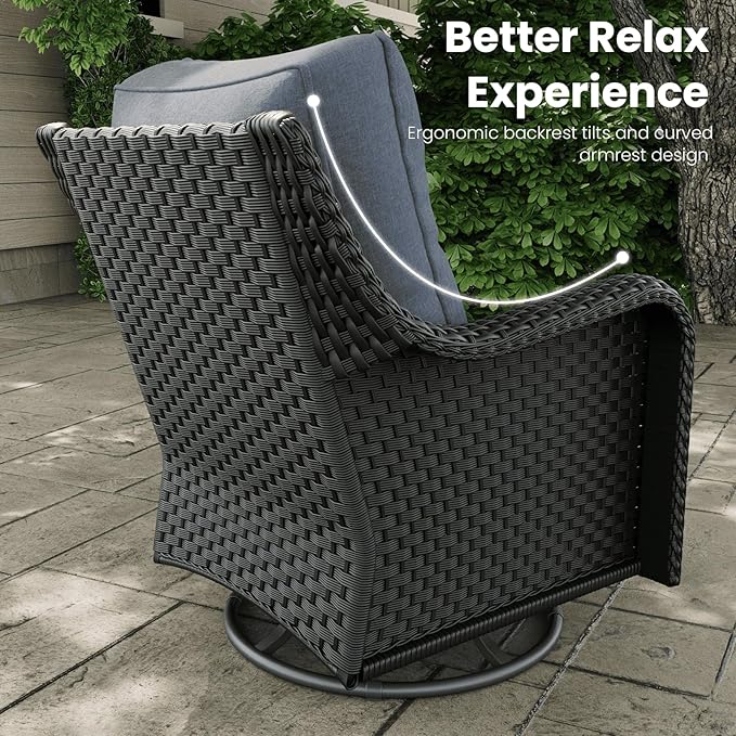 6 Pieces Outdoor Patio Furniture Sets with Rocking Swivel Chairs with 6-inch Thick Cushion and Side Table for Deck Lawn