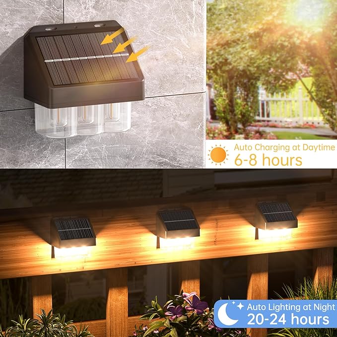 AOSEA High Bright Solar Lights Outdoor IP67 Waterproof, 6 Pack Solar Wall Powered Deck Lights with Tungsten Bulbs, Fence Lights for Outside, Yard, Patio, Fence, Steps, Garden, Landscape (Warm White)