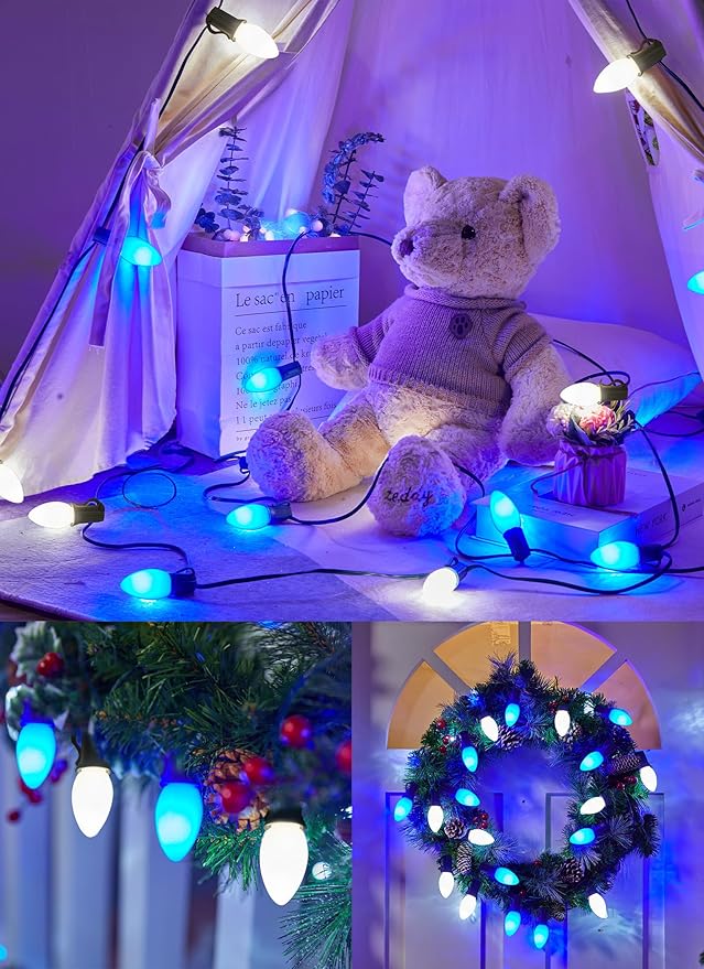 C9 LED Christmas Lights Outdoor, 50 Feet C9 String Lights with 50 Shatterproof Matte Bulbs, Connectable Waterproof Christmas Tree Lights for Holiday Roofline Backyard Garden Decor, Blue & Pure White