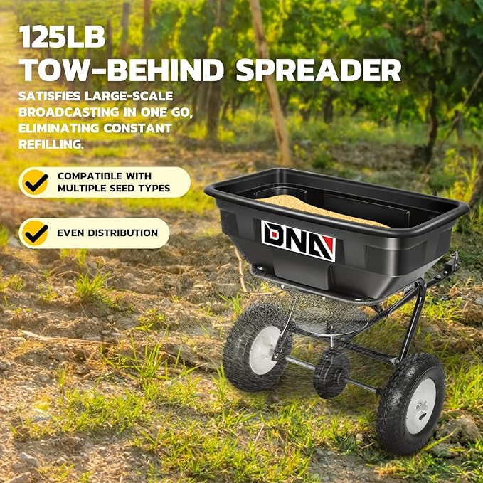 DNA MOTORING Tow Behind Broadcast Spreader, 125 LB / 60L Capacity, Multi Use Tool for Fertilizer, Grass Seed, Salt, Ice Melt, Lawn and Garden Seeder, with Wheels, with Wheels, TOOLS-00612