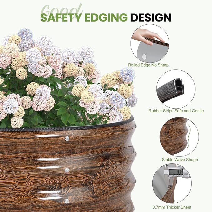 G GOOD GAIN Round Raised Garden Bed - 2Pcs 2x2x1.3ft Galvanized Steel Planter Boxes Outdoor with Rubber Edge Trim | Metal Raised Beds for Gardening Vegetables Flowers Fruits Herbs (Wood Grain)