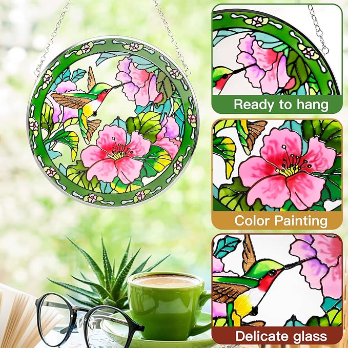 Suncatcher Stained Glass,100% Stained Glass Window Hanging,Hummingbird Sun Catchers Indoor Window Decor,Suncatchers for Windows Hanging, Stained Glass suncatcher Gifts for Women、Christmas (6.5 inch)