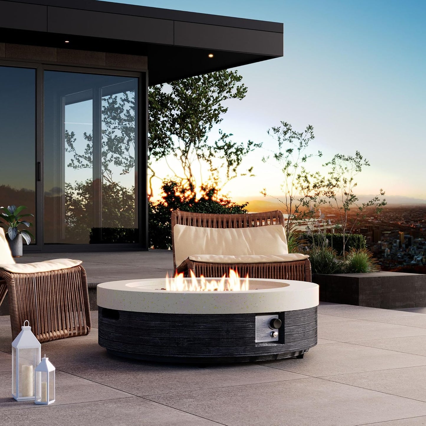 COSIEST 42" Outdoor Propane Fire Pit Table Round Gas Fire Pit Table with Concrete & Wood Grain Design, 50000BTU CSA Certified Electronic Ignition Fire Tables for Patio, Backyard, Garden Heating