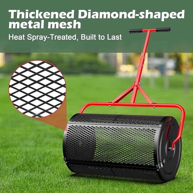 Compost Peat Moss Spreader for Lawn, 24 Inch Compost Roller Spreader with Adjustable T-Shaped Handle, Upgraded Side Clasps, Durable Lightweight Metal Roller, Lawn Garden Yard Care (Black)