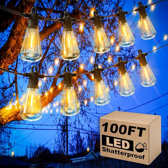 100FT Outdoor String Lights, LED Patio Lights with 50+3 ST38 Vintage Edison Shatterproof Bulbs, IP65 Weatherproof Outside Hanging Lights for Backyard Bistro Cafe Garden(50FTx2)