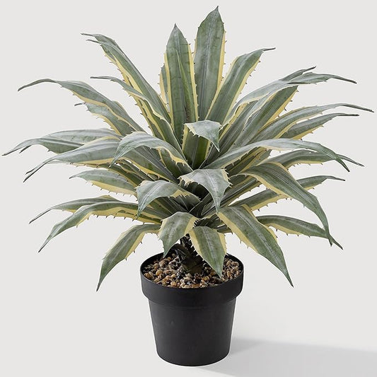 SUNPRAIRIE 32 Inch Tall Large Faux Agave Plant with Two-Tone Sawtooth Edged Leaves; Planted in Black Pot with Real Stone Pebbles. Large Artificial Plants Indoor and Outdoor.