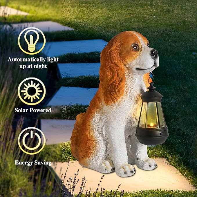 Afirst Dog Garden Statue - Outdoor Decor with Solar Lantern Lovely American Cocker Spaniel Figurine Patio Lawn Yard Art Ornaments Housewarming Gift