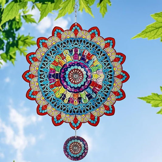 TUOKING Mandala Wind Spinners Outdoor Metal 3D Hanging Art Wind Spinner 12 Inch Stainless Steel for Yard and Garden Decoration Worth Gift for Women