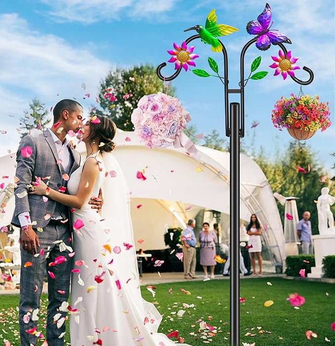 Double Shepherds Hooks for Outdoor, Artistic Hummingbird & Flower Design, 5 - Prong Base, Ideal for Bird Feeders, Baskets & Lanterns (1 Pack)