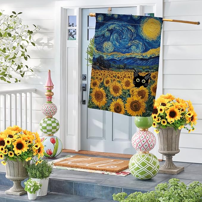 BLKWHT Summer Sunflower Cat House Flag 28x40 Vertical Double Sided Blue Sky Welcome Farmhouse Holiday Outside Decorations Burlap Yard Flag BW822-40