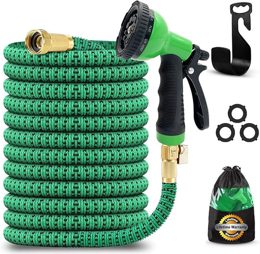 J&B XpandaHose 50ft Expandable Garden Hose with Holder - Heavy Duty Superior Strength 3750D - 4 -Layer Latex Core - Extra Strong Brass Connectors and 10 Spray Nozzle w/Storage Bag (Green 50)